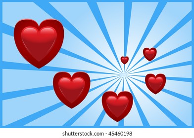 Love background red hearts on blue background with rays.