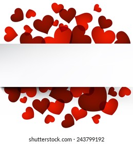 Love background with red hearts. Paper note. Valentine's greeting card. Vector illustration. 