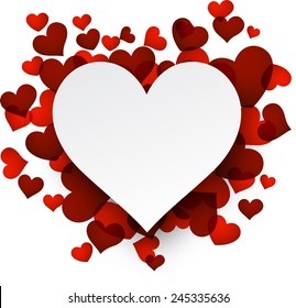 Love background with red hearts. Paper note. Valentine's greeting card. Vector illustration. 