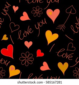 Love background in red, orange and yellow colors with doodle elements. Vector seamless pattern with hearts and love elements on a black backdrop.