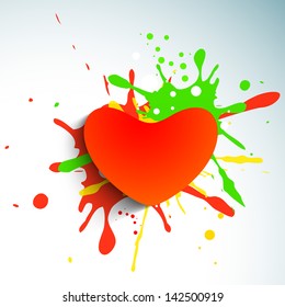 Love background with red paper heart on colorful grungy background.