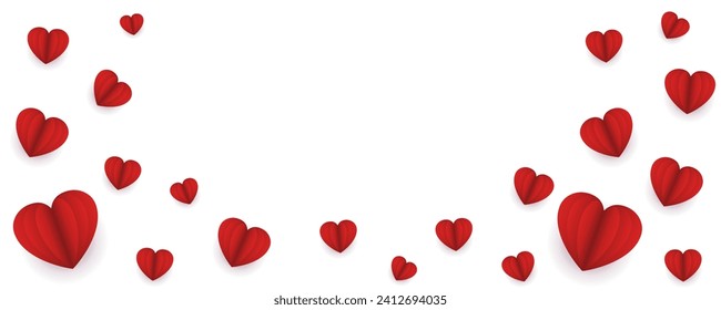 Love background with red petals of hearts, origami paper hearts, romantic background for Valentine's or women's day, wedding