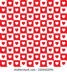 Love background. Red and white hearts pattern. Illustration of heart shape on white and red squares. Pattern of love on Valentine's day. Happy Valentine's day.