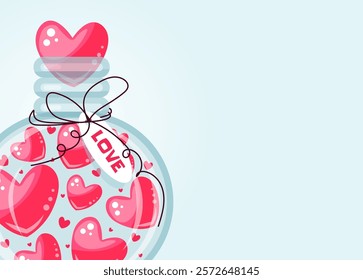 Love background with romantic jar full of hearts with copy space. Valentines Day vector illustration for card, banner, poster. Flat cartoon style