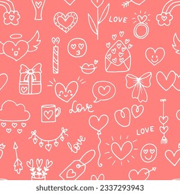 Antecedentes de amor. Patrón romántico sin fisuras. Valentine, diseño de bodas. Papel envuelto. Dibujo a mano, dibujo, garabato. Ilustración del vector