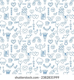 Antecedentes de amor. Patrón romántico sin fisuras. Valentine, diseño de bodas. Papel envuelto. Dibujo a mano, dibujo, garabato. Ilustración del vector
