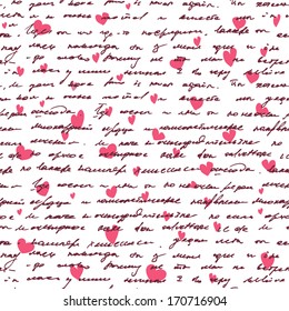 Love background with seamless hand drawn text and small hearts. Valentines design.text backgrounds applicable in printing, textiles , art objects , clothing , wallpaper , computer screensavers 




