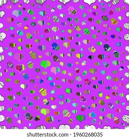 Love background. Seamless Love pattern. Background of big and small hearts with swirls in violet, blue and green colors. Vector illustration.