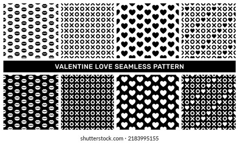 Love background and seamless pattern with heart and lip. Creative romantic vector illustration design and black white seamless texture swatch for decorative valentine greeting, textile print design