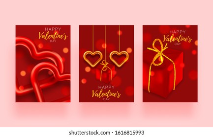 Love background set brochure. Gift poster card. Sale banner template for Valentines day. Banner with hearts and gifts.