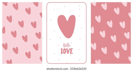Love background set. Cute pink heart seamless patterns and Hello love lettering on the center. Vector illustration.