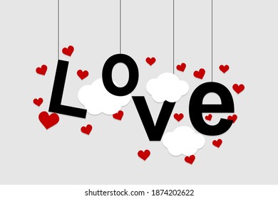 Liebe Hintergrundvorlage mit großen hängenden Buchstaben und fliegenden Herzen mit flauschigen Wolken. Valentinstag-Urlaubskonzept