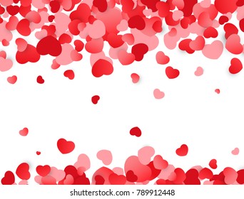 Love background. Valentines day texture with red hearts. Colorful confetti. Vector illustration.