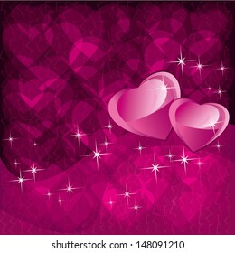 Love background for Valentines day with two hearts. Celebration glowing vector background. Greeting or invitation card