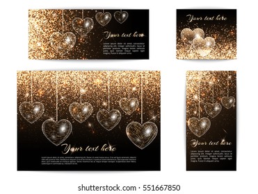 Love background vector with bright light. Golden dust particles on a black backdrop. Valentines Day banner with hearts. Set of horizontal and vertical banners for a romantic decoration
