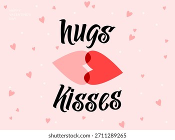 Love background vector illustration. Happy Valentines Day card with hearts, typography greeting text, kiss. Invitation abstract design in minimal art retro modern style.