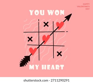 Ilustración vectorial de fondo de amor. Tarjeta de feliz día de San Valentín con corazones, tipografía, texto de saludo, beso, tic-tac-toe, flecha. Diseño abstracto de la invitación en estilo moderno retro del arte mínimo.