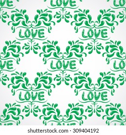Love background. Vector petals seamless pattern element. Heart resembling shapes ornaments with cute love word. Elegant texture for backgrounds. Hand drawn grunge.