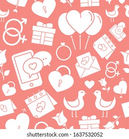 Love background - Vector seamless pattern solid silhouettes of heart, gifts, and valentines for graphic design