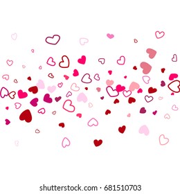 Love background vector for wedding invitation template. Windy flowing pattern with flying hearts confetti. Valentine's day amour background. Romantic feelings cartoon concept. Red hearts love symbols.
