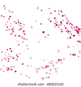 Love background vector for wedding invitation template. Windy flowing pattern with flying hearts confetti. Romantic feelings cartoon drawing. Red hearts - love symbols.