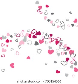 Love background vector for wedding invitation template. Pattern with flying hearts confetti. Valentine's day amour background. Romantic feelings concept cartoon hearts drawing in grey, pink, white.
