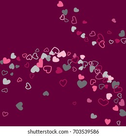Love background vector wedding invitation template. Windy pattern with flying hearts confetti. Valentine's day amour background. Romantic feelings cartoon concept. Grey and pink hearts love symbols.