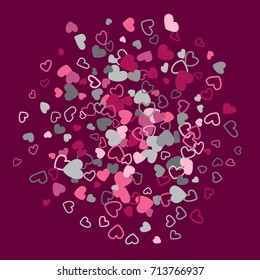 Love background vector wedding invitation template. Windy pattern with flying hearts confetti. Valentine's day amour background. Romantic feelings cartoon concept. Grey and pink hearts love symbols.