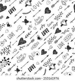 Love background with vintage romantic elements, heart, arrow, lettering, tatoo, flower, tea and sweet, Hand drawn retro pattern, vector illustration