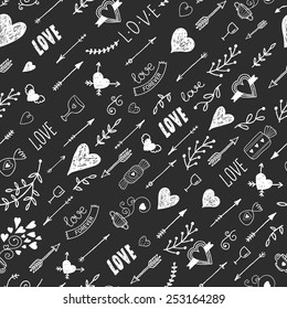 Love Background With Vintage Romantic Elements, Heart, Arrow, Lettering, Tatoo, Flower, Tea And Sweet, Hand Drawn Retro Pattern, Chalkboard Background, Vector Illustration