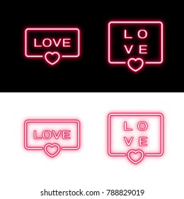 Love badge with heart icon vector illustration on white and dark background. Bright glowing pink neon words Love. Wedding theme in dialog bubble. Romantic quotes stamp for cards, invitations banners