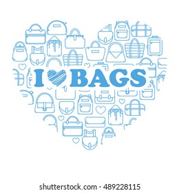 I love bags, fashion bag line icons in heart form