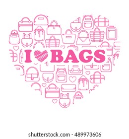 I love bags, fashion bag line icons in a heart form, vector illustration isolated on white background. Heart of thin line fashion bag icons with i love bags label