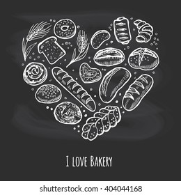 I Love Bakery. Doodle Chalk Drawing Background