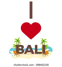 I love Bali. Travel. Palm, summer, lounge chair Vector flat illustration