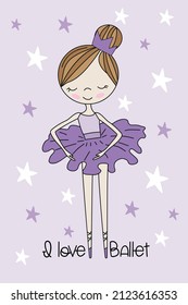 Me encanta el ballet - adorable bailarina dibujada a mano aislada en un fondo morado. Es bueno para la impresión textil, afiche, tarjeta, etiqueta y otros regalos de diseño.