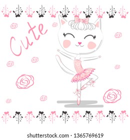 Love ballet. Doodle illustration of cute dancing ballet cat
