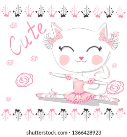 Love ballet. Doodle illustration of cute dancing ballet cat