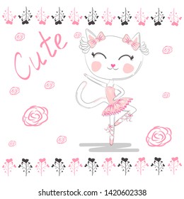 Love ballet. Doodle illustration of cute dancing ballet cat