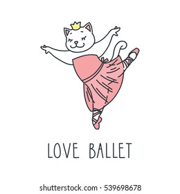 Love ballet. Doodle vector illustration of cute dancing ballet cat