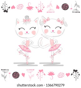 Love ballet. A pair of cute white ballerina cats in pink ballet tutu and pointe