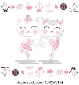 Love ballet. A pair of cute white ballerina cats in pink ballet tutu and pointe