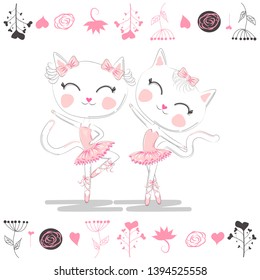 Love ballet. A pair of cute white ballerina cats in pink ballet tutu and pointe