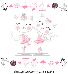 Love ballet. A pair of cute white ballerina cats in pink ballet tutu and pointe