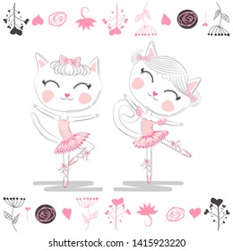 Love ballet. A pair of cute white ballerina cats in pink ballet tutu and pointe