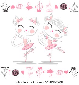 Love ballet. A pair of cute white ballerina cats in pink ballet tutu and pointe