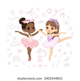 I love Ballet Poster. Two Girls Dancing. Ballerina Girl Dancing In Pink Dress. African American Child wear Pink Tutu Dress and Dancing Pointe Training. Caucasian Ballet Girl Cartoon Illustration.