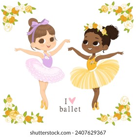 Ich liebe Ballett-Poster. Zwei Mädchen tanzen. Ballerina Girls tanzen auf Rosa und Gelb. Afroamerikanisches Kind trägt Gelbes Kleid und Tanz. Balle