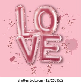Love balloon foil text Vector realistic. Valentine day card. 3d detailed illustration letters