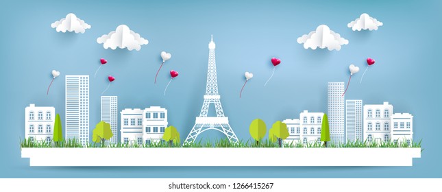 Love balloons fly over the city and eiffel tower. paper art design. happy valentine's day